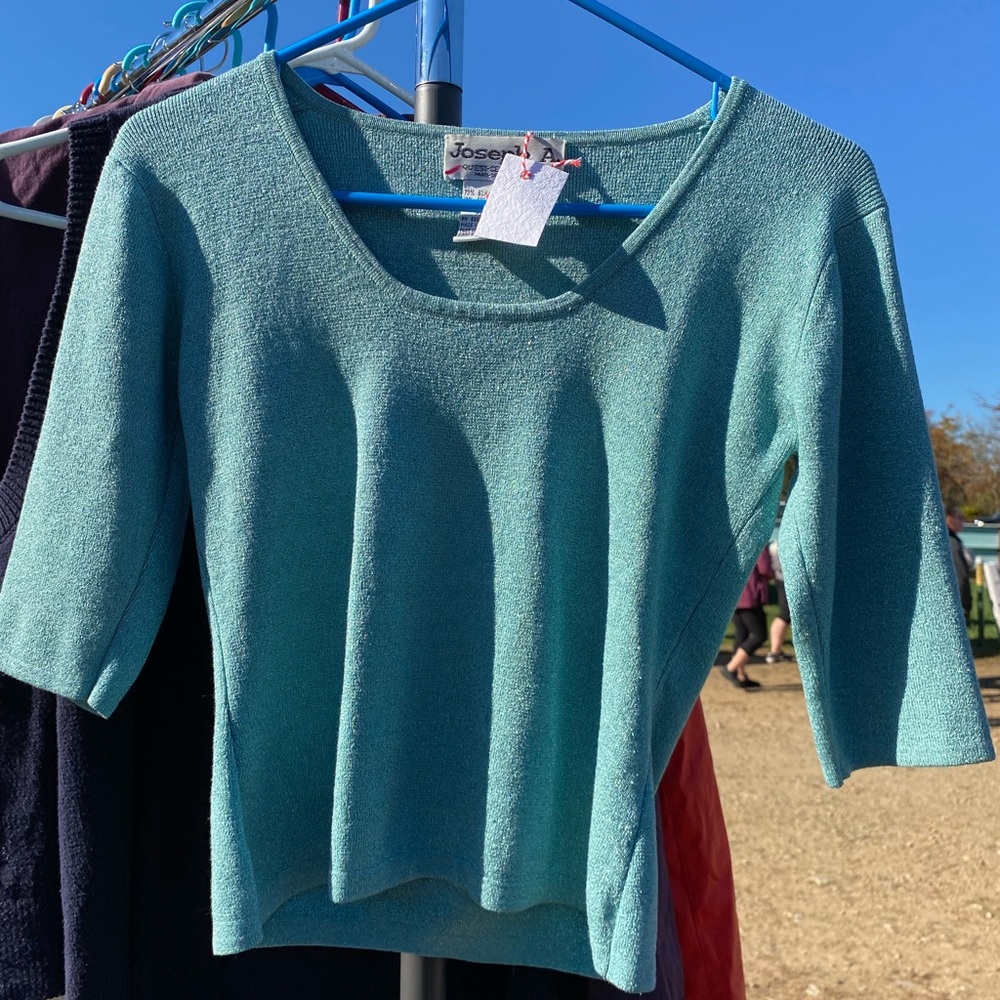 Teal, sparkly, scoop neck sweater shirt.